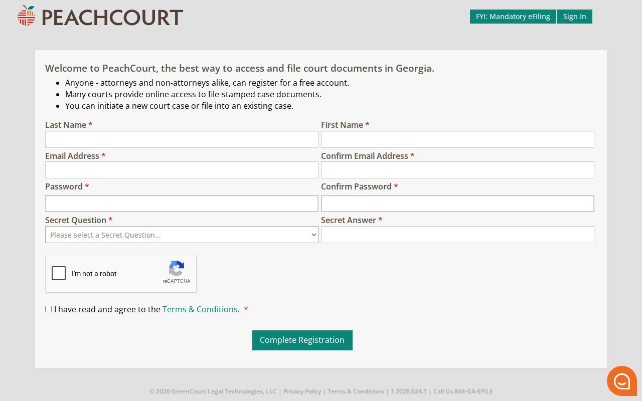 PeachCourt account registration page used for Colquitt County State Court records